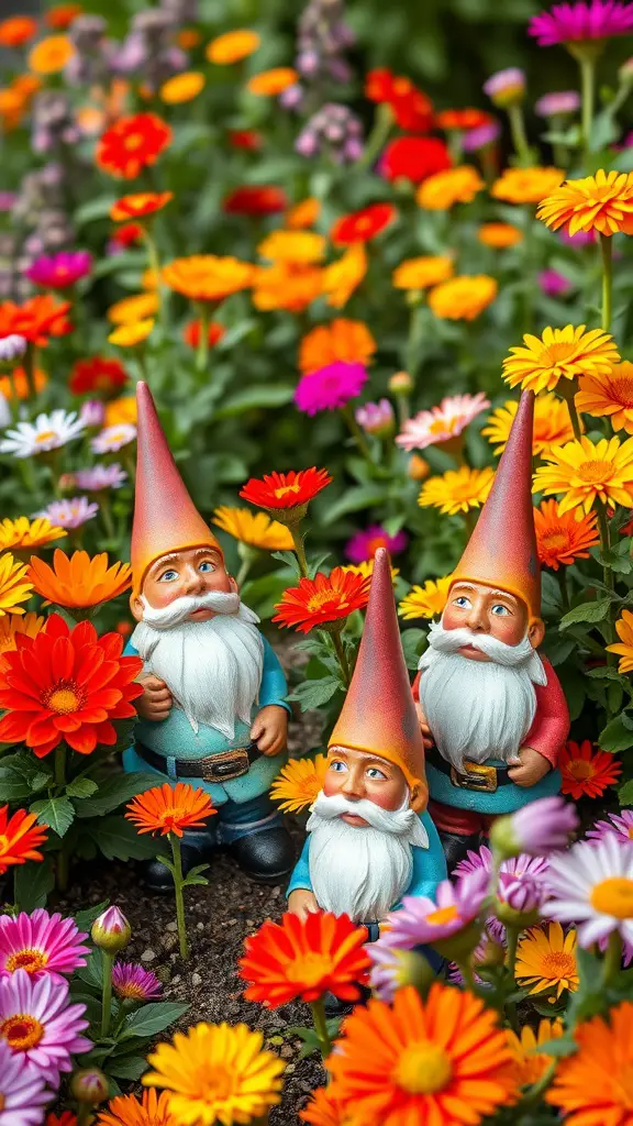 23 Creative DIY Yard Decor Ideas You Can't Miss 6 Three colorful garden gnomes surrounded by vibrant flowers in a garden setting.
