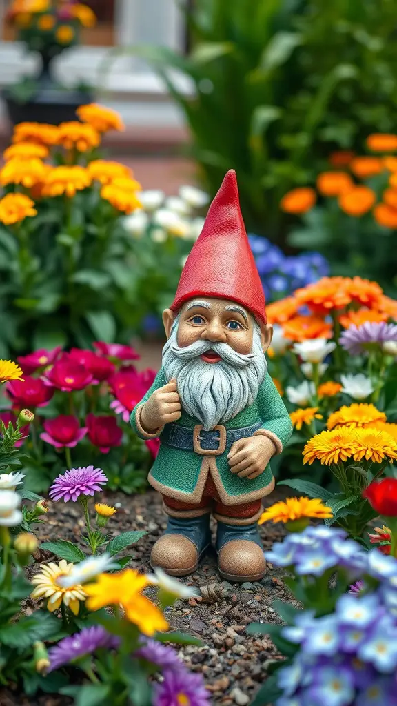 21 Charming Vintage Garden Decor Ideas to Transform Your Outdoor Space 2 A cheerful garden gnome statue surrounded by colorful flowers