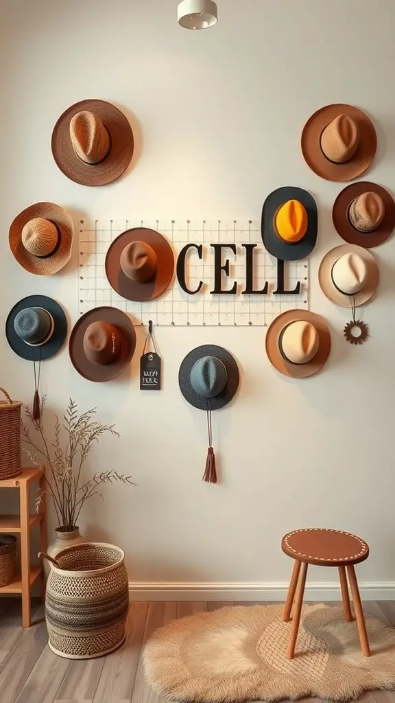 19 Creative Hat Rack Ideas for Your Home 13 A wall displaying various hats arranged artistically with the word 'CELL' in the center.