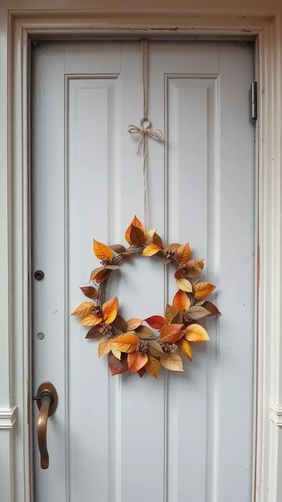 17 Creative Fall Leaves Decor Ideas for a Cozy Autumn Home 15 A door with a leaf-themed wreath made of orange and yellow leaves.