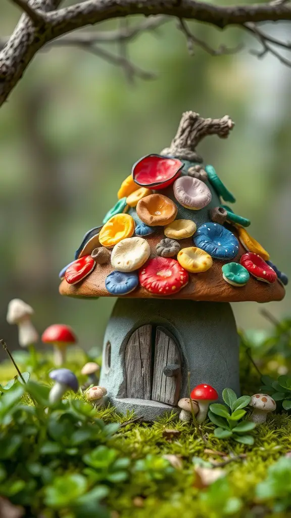 A whimsical fairy house with a colorful mushroom cap roof, set in a lush green environment.