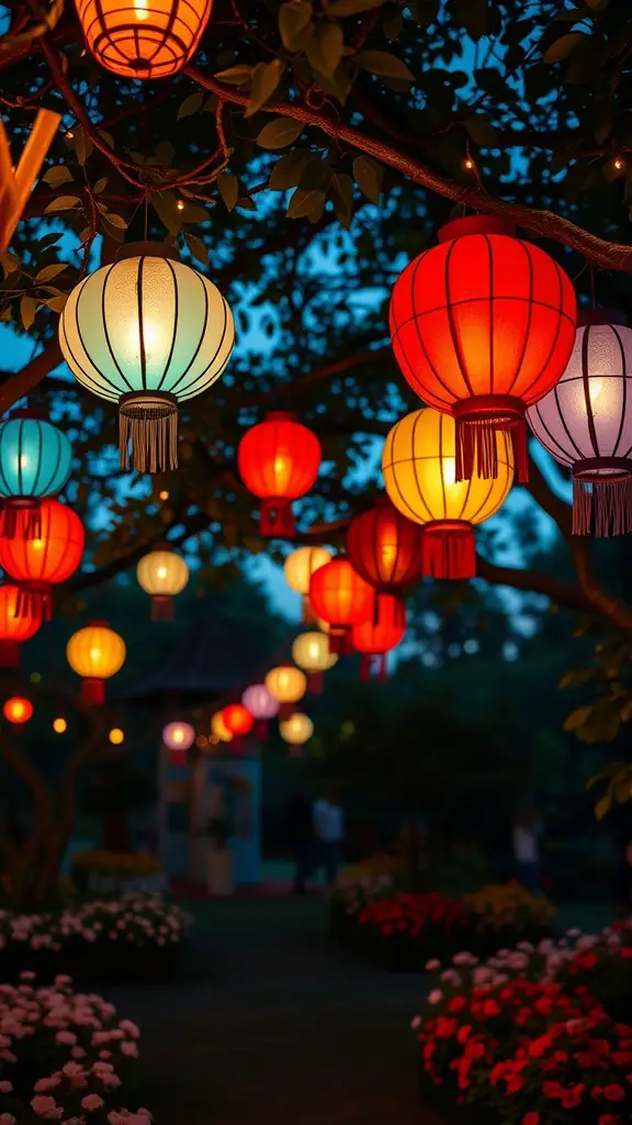 19 Whimsical Garden Party Ideas for Unforgettable Celebrations 17 Colorful paper lanterns hanging from trees at a garden party, illuminating the evening with a warm glow.