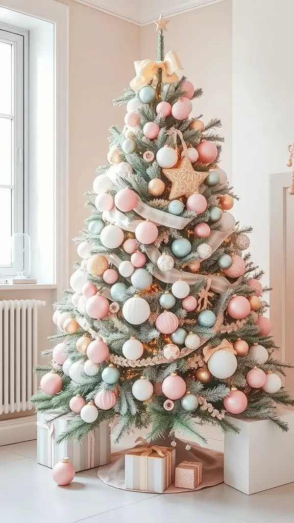 19 Unique Christmas Tree Ideas to Brighten Your Holidays 4 A pastel-themed Christmas tree decorated with pink, blue, and gold ornaments, featuring a star on top and gifts underneath.