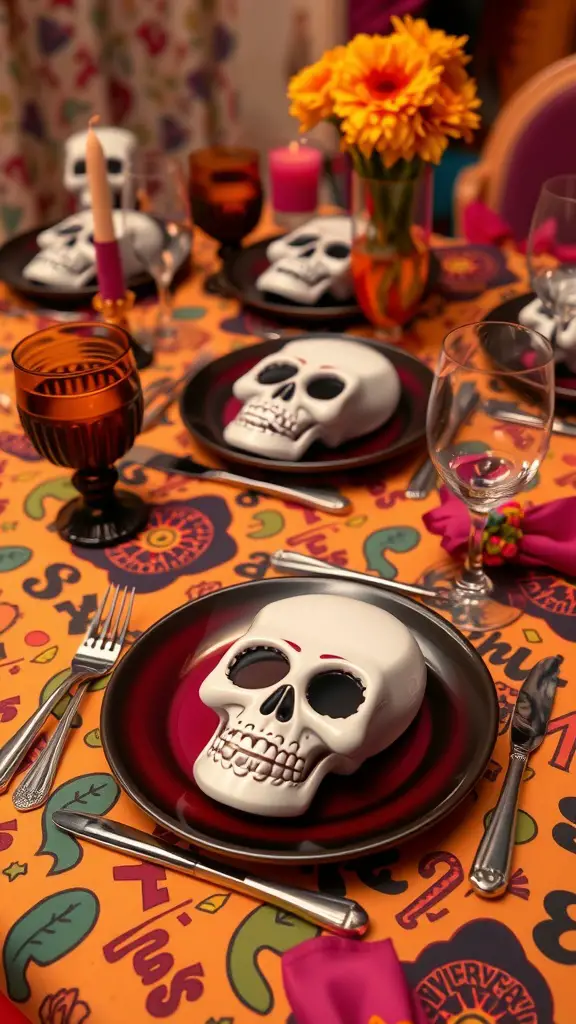 19 Spooktacular Items for the Perfect Halloween Tablescape 4 A Halloween-themed tablescape featuring skull-shaped plates, colorful tablecloth, and cheerful flowers.