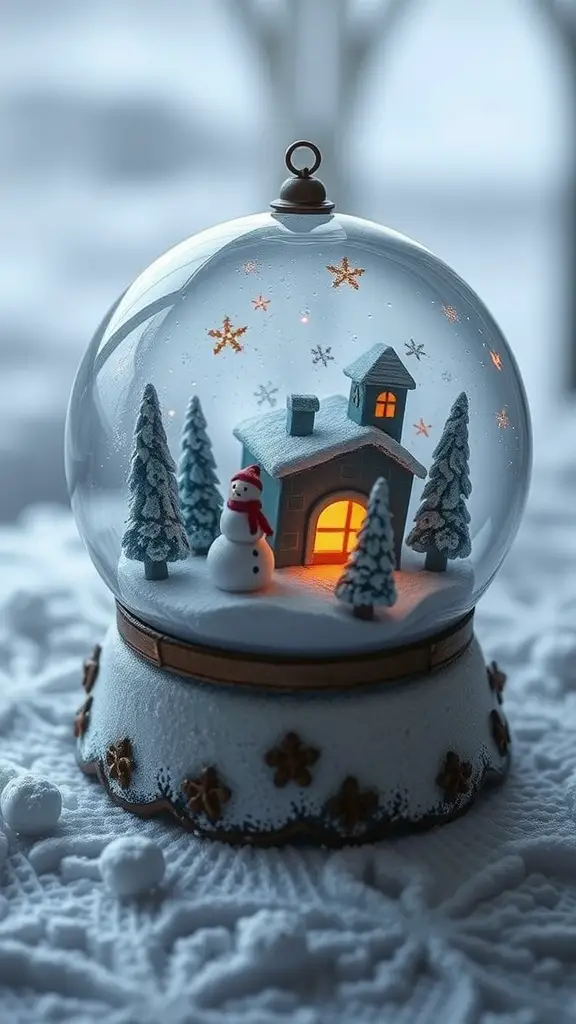 A whimsical snow globe featuring a cozy house, a snowman, and snowy trees
