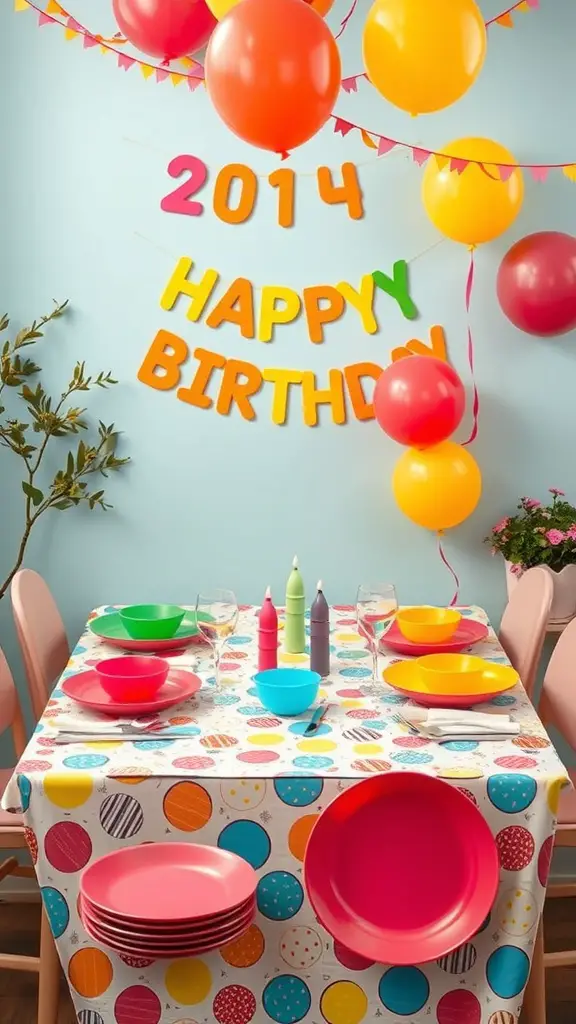 27+ Creative Birthday Decoration Ideas for an Unforgettable Celebration 4 A colorful birthday table setting with balloons, a 'Happy Birthday' banner, and vibrant plates.
