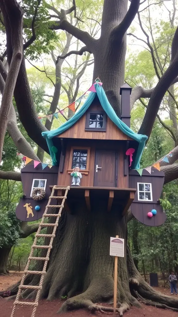 A whimsical treehouse with colorful decorations and a rope ladder, nestled among trees.