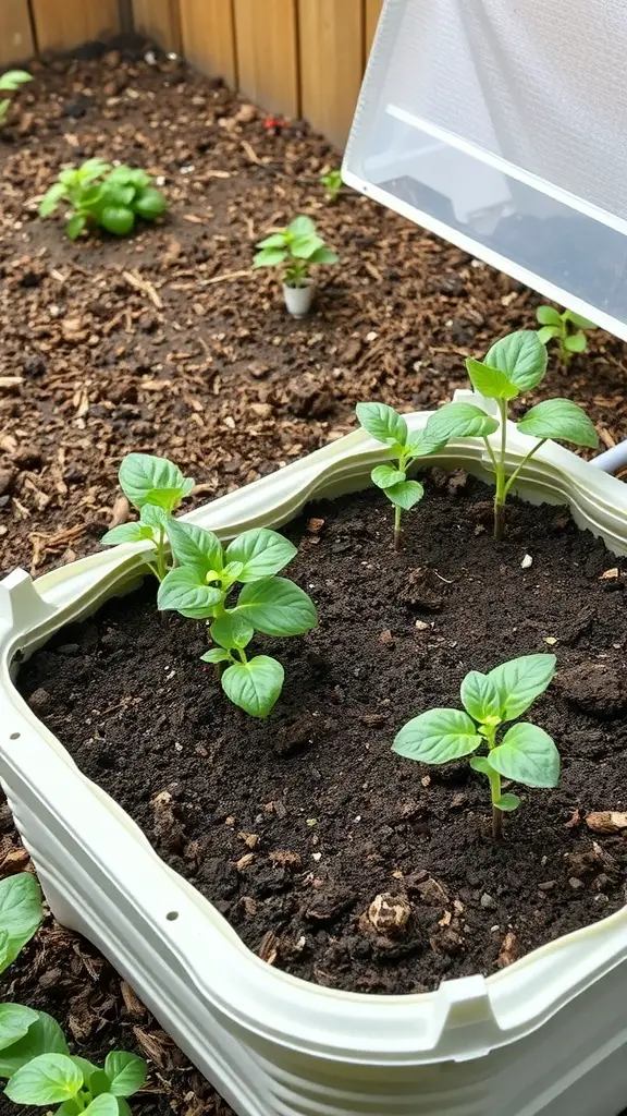 17 Innovative Hydroponic Gardening Ideas You Need to Try 10 A wicking bed with young plants growing in soil, showcasing a self-watering gardening system.