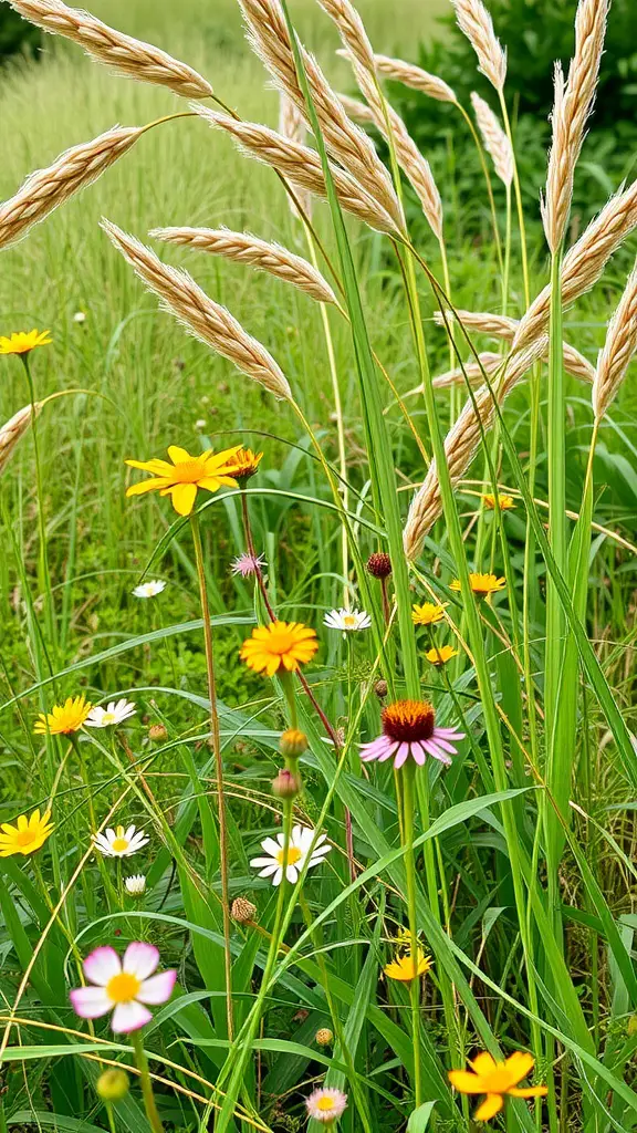 A vibrant mix of wildflowers and ornamental grasses in a garden setting.