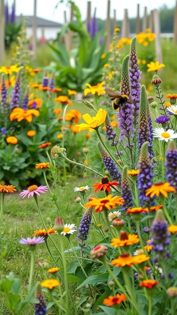 Colorful wildflowers in a garden, including orange marigolds, purple veronica, and daisies, creating a vibrant border for vegetables.