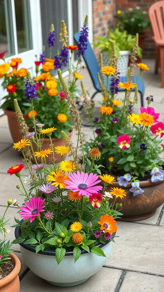 Colorful wildflowers in various pots on a patio