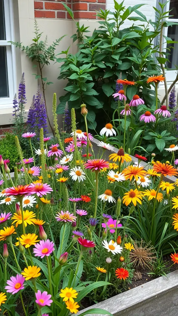 A vibrant wildflower garden featuring various colorful blooms in a small space.