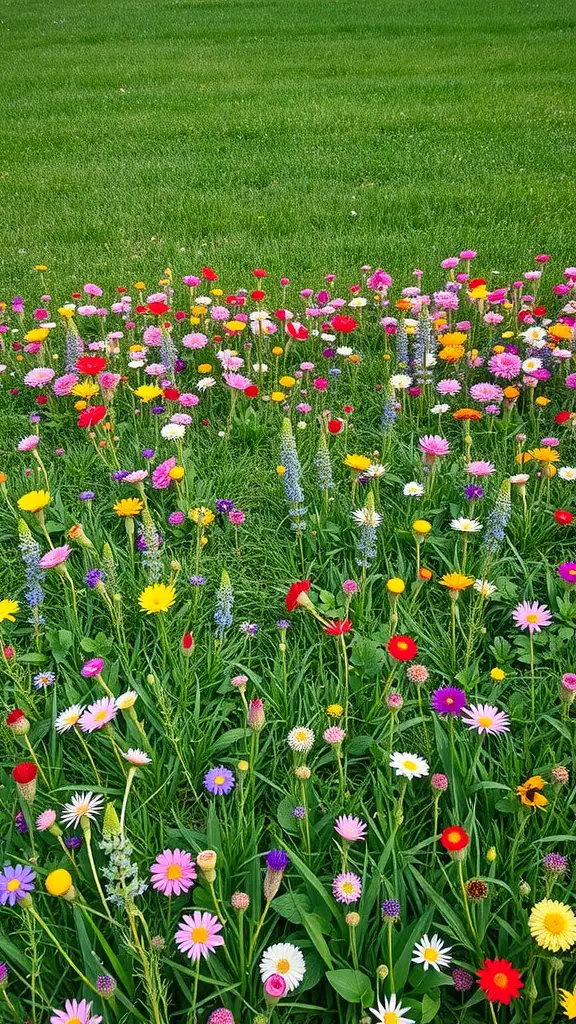 A vibrant display of various wildflowers in a garden setting, showcasing a mix of colors and types against a green lawn.
