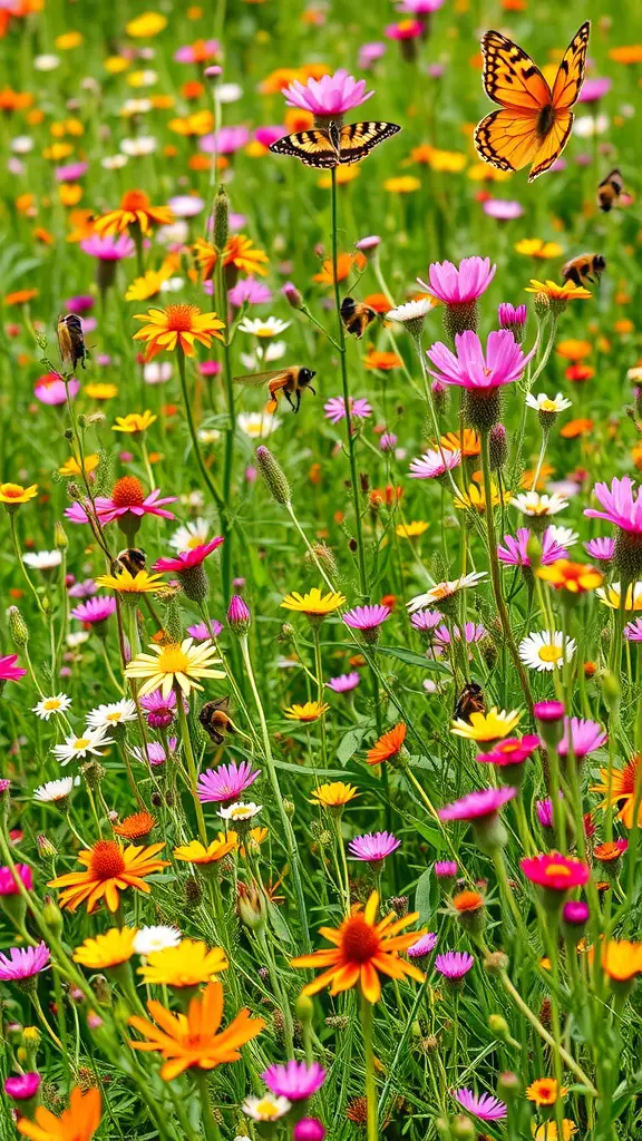 A vibrant wildflower meadow filled with colorful flowers and butterflies.