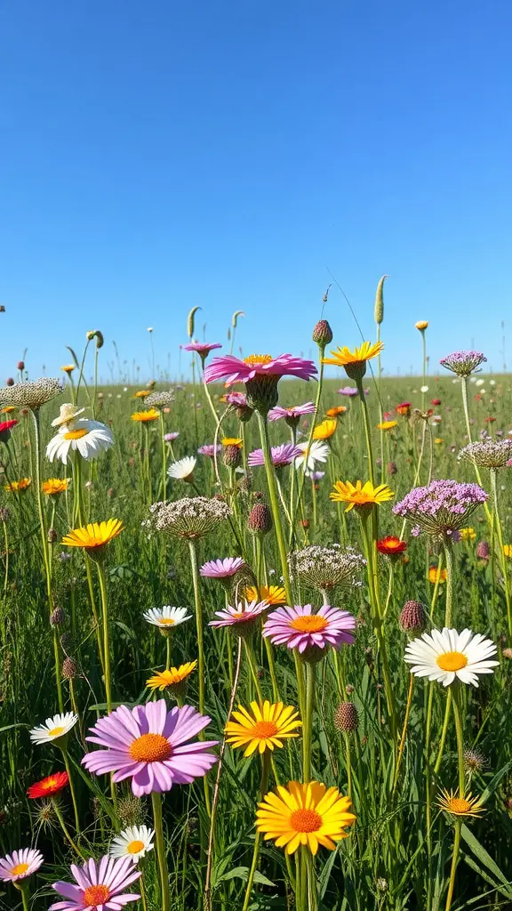 15 Inspiring Perennial Garden Design Ideas to Transform Your Space 10 A vibrant wildflower meadow filled with daisies, purple flowers, and yellow blooms under a clear blue sky.