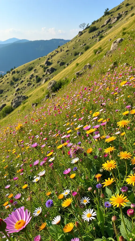 19 Creative Steep Hill Landscaping Ideas to Transform Your Yard 14 A colorful wildflower meadow on a slope, featuring a variety of flowers in bloom.