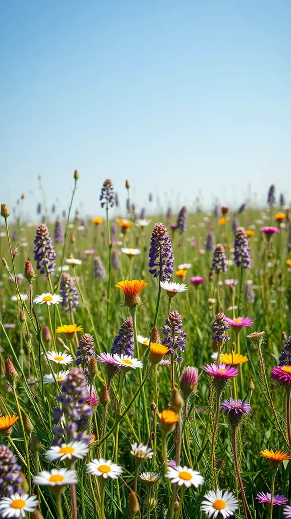 A vibrant wildflower meadow with various colorful flowers under a clear blue sky.