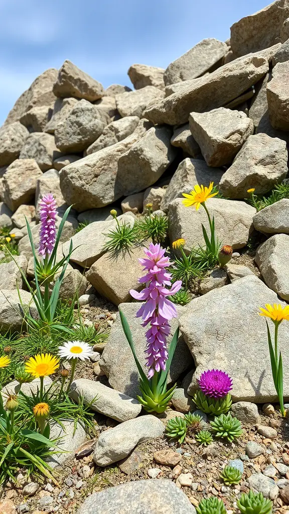 A colorful wildflower rock garden featuring pink, yellow, and white flowers among stones.