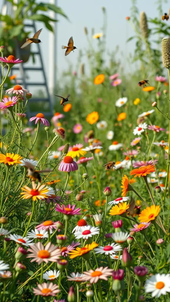 A colorful wildflower garden filled with various flowers and bees flying around.