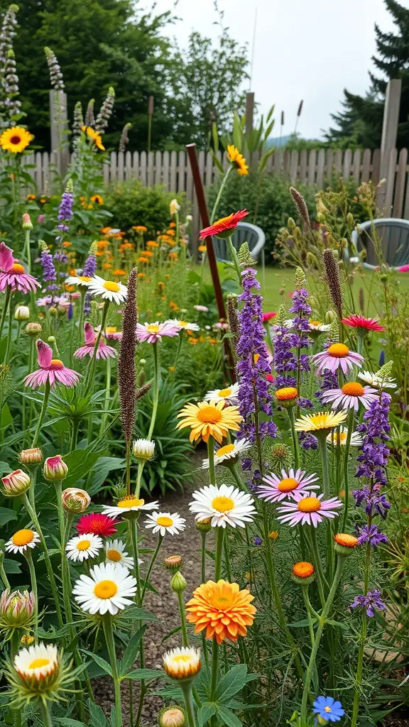 A colorful wildflower garden with various flowers in bloom, showcasing a mix of daisies, gerbera daisies, and purple flowers.