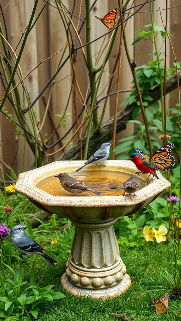 21 Creative Bird Bath Ideas for Stunning Landscaping 11 A wildlife-friendly bird bath surrounded by flowers and birds enjoying the water.