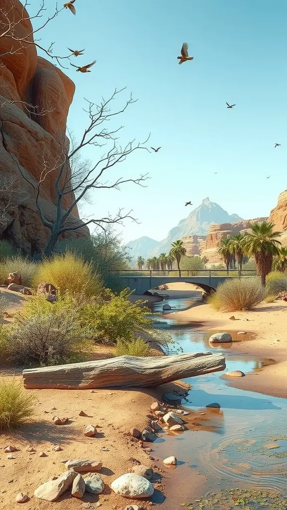 23 Stunning Dry Riverbed Landscaping Ideas to Transform Your Outdoors 16 A picturesque dry riverbed landscape featuring a stream, rocky terrain, and scattered greenery, with birds flying above.