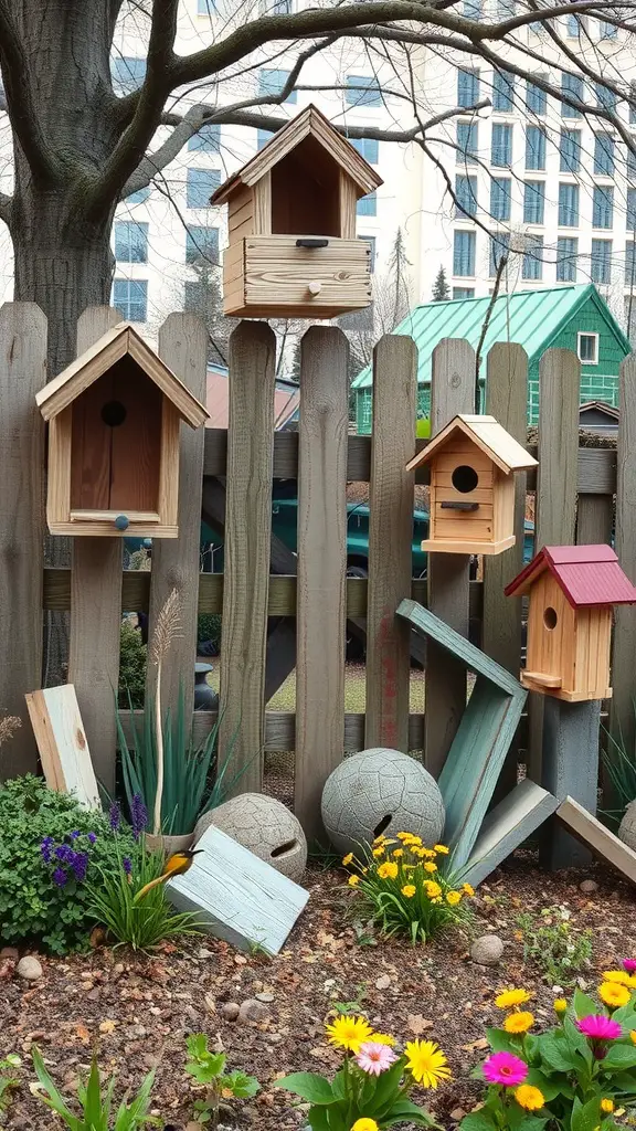 15 Creative Junk Garden Ideas to Transform Your Backyard 12 A wildlife-friendly junk garden featuring birdhouses, colorful flowers, and recycled materials.