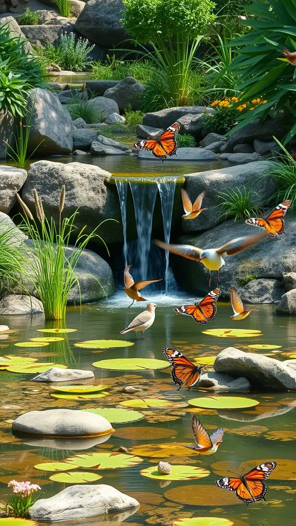 A serene wildlife-friendly pond with a natural waterfall, surrounded by greenery and butterflies.