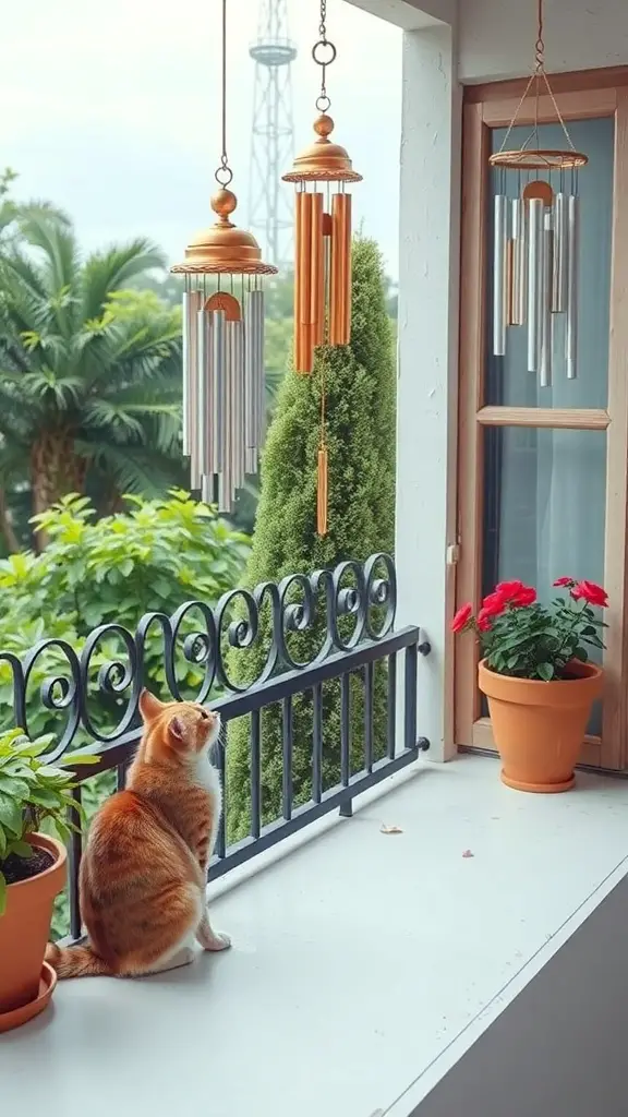 21 Creative Cat Balcony Ideas for a Purr-fect Outdoor Retreat 12 A cat sitting on a balcony next to wind chimes and potted plants.