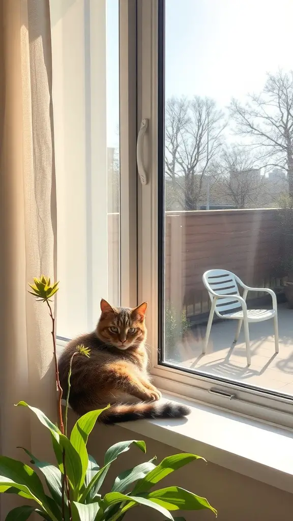 21 Creative Cat Friendly Patio Ideas for the Purrfect Outdoor Space 2 A cat lounging on a windowsill with a sunny view and a plant nearby.