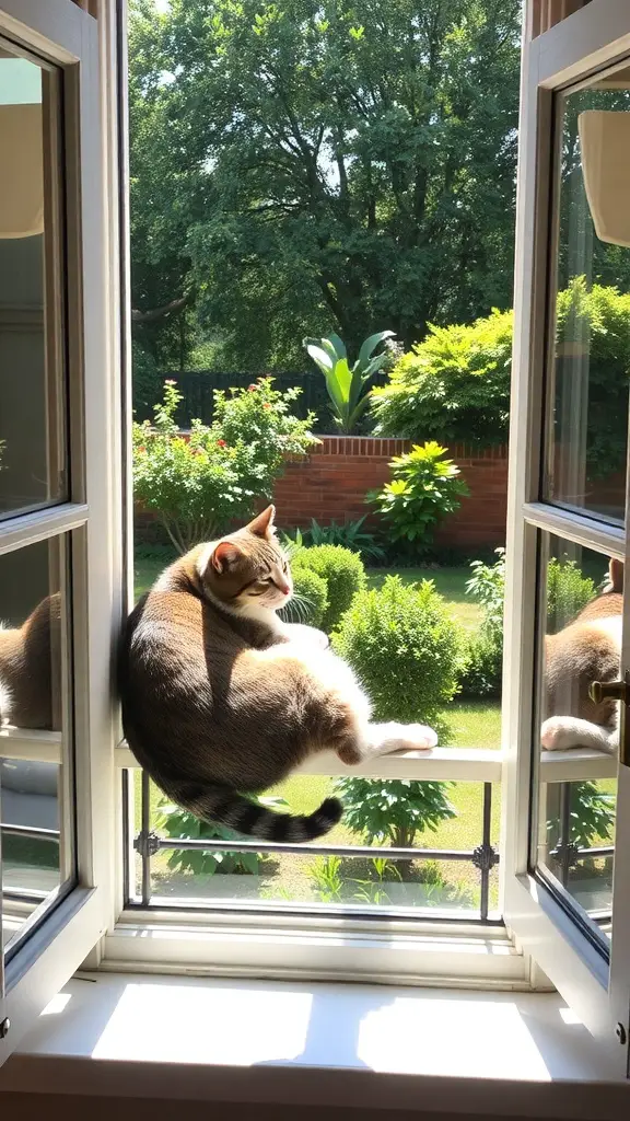 15 Creative Cat Room Ideas You’ll Love 10 A cat lounging on a window perch, enjoying the sunlight and a view of a garden.