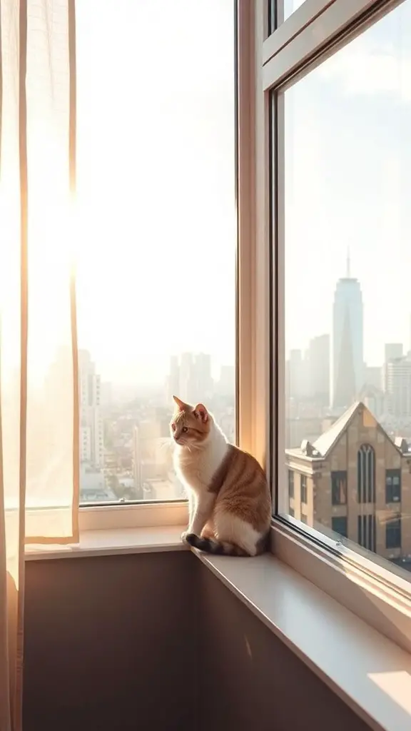 17 Purrfect Cat Apartment Ideas for Happy Felines 10 A cat sitting on a window sill, enjoying the sunlight with a city skyline in the background.