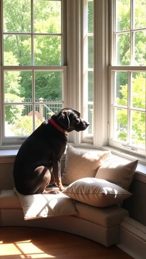 A dog sitting on a window seat, looking outside at the greenery.