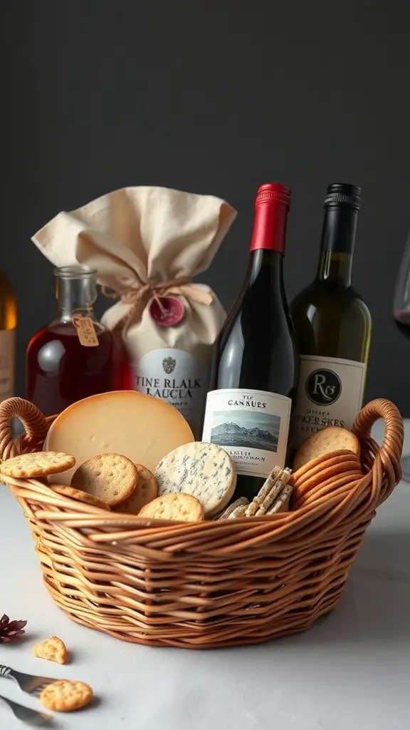 21 Creative Auction Basket Ideas You’ll Love 9 A wicker basket filled with various cheeses, crackers, and bottles of red and white wine.