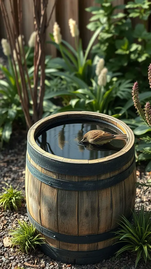 A rustic wooden wine barrel filled with water, serving as a bird bath in a garden setting.