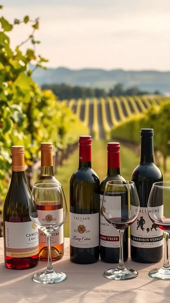 17 Creative Silent Auction Ideas to Boost Your Fundraising Event 13 A selection of wine bottles and glasses set against a vineyard backdrop.