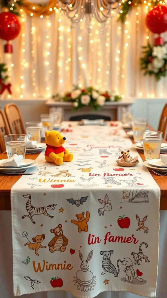 19 Adorable Winnie the Pooh Baby Shower Decoration Ideas 11 A table set with a Winnie the Pooh themed table runner, featuring colorful illustrations and a Pooh bear toy.