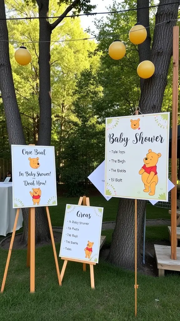 19 Adorable Winnie the Pooh Baby Shower Decoration Ideas 15 Winnie the Pooh themed baby shower signage with playful illustrations and activities listed.