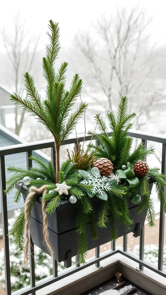 23 Creative Balcony Railing Planters to Transform Your Outdoor Space 12 A winter balcony planter featuring evergreen plants, pine cones, and festive decorations.