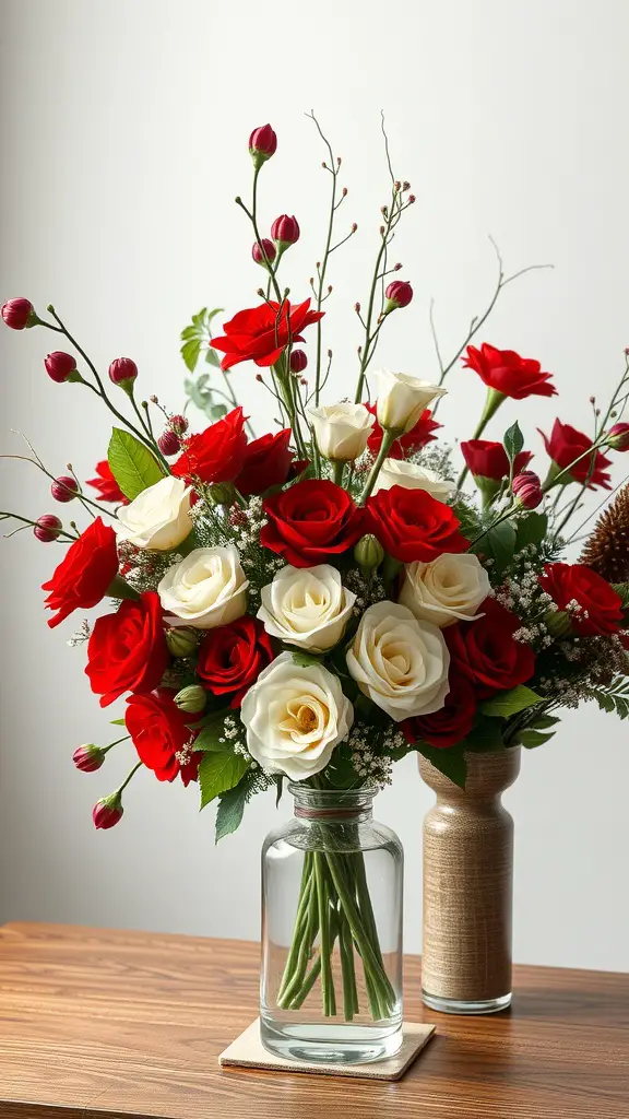 A bouquet of red and white roses with greenery in a glass vase