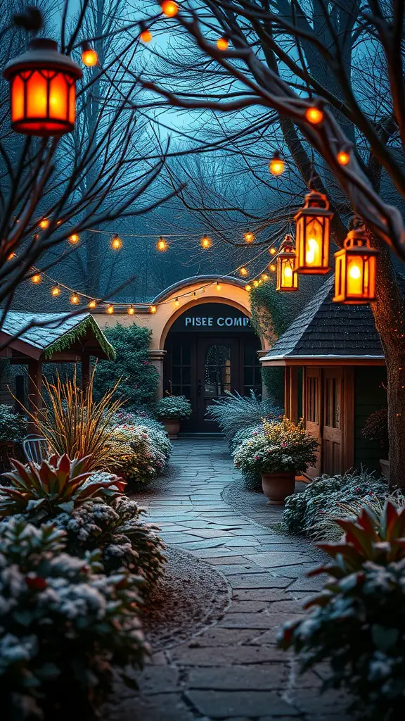 A winter garden pathway illuminated with lanterns and string lights, surrounded by snow-covered plants.