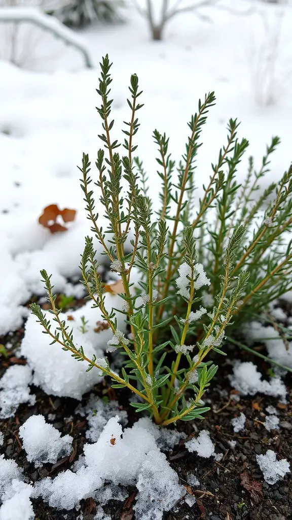 A green herb plant peeking through the snow in a winter garden.