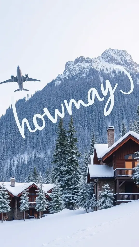 19+ Stunning Christmas Wedding Ideas You Need to See 14 A winter scene with snowy mountains, wooden cabins, and an airplane in the sky.