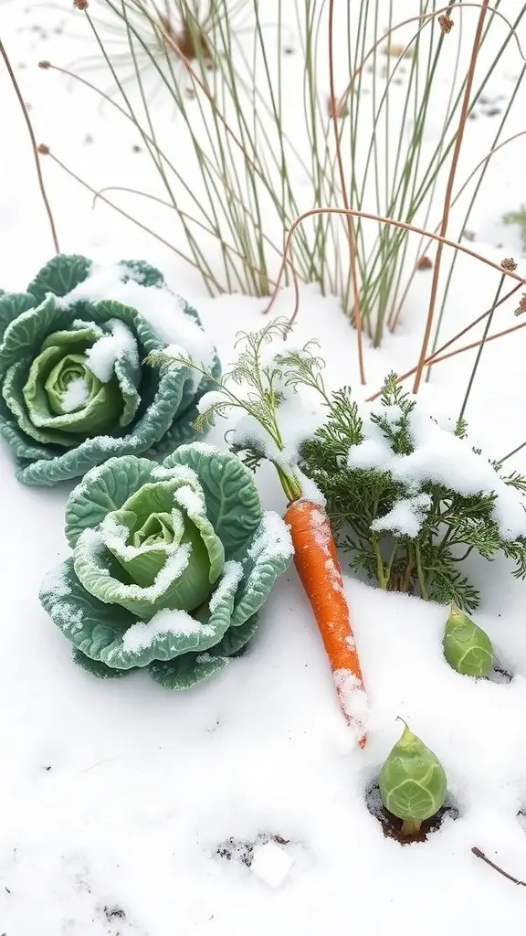 A winter vegetable patch with cabbages, a carrot, and some greens covered in snow.