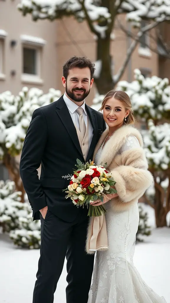 19+ Stunning Christmas Wedding Ideas You Need to See 9 A couple in winter wedding attire, with the groom in a black suit and the bride in a lace gown with a fur wrap, surrounded by snow.