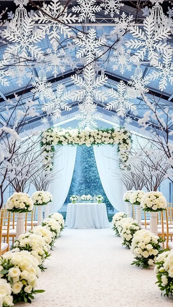 19+ Stunning Christmas Wedding Ideas You Need to See 6 A winter wonderland wedding ceremony with snowflakes, white flowers, and elegant decor.