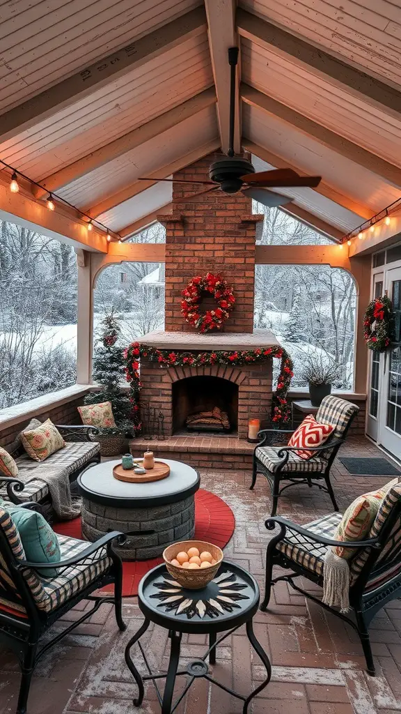 27 Cozy Outdoor Covered Patios with Fireplaces for Ultimate Comfort 6 Cozy outdoor patio with fireplace, decorated for winter, featuring comfortable seating and festive lights.