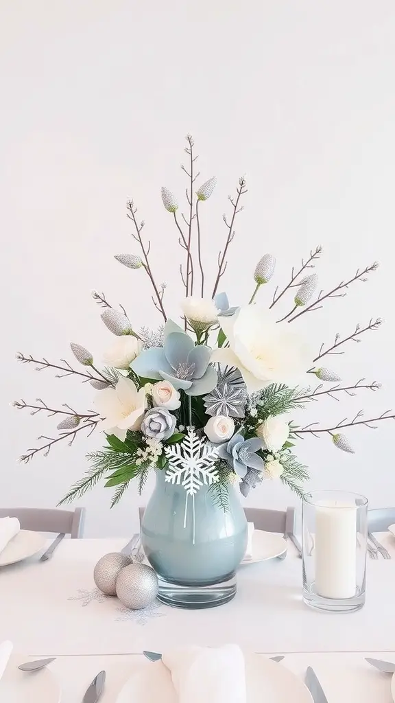 A winter-themed floral centerpiece featuring white and blue flowers in a blue vase, with silver decorations and a snowflake ornament.