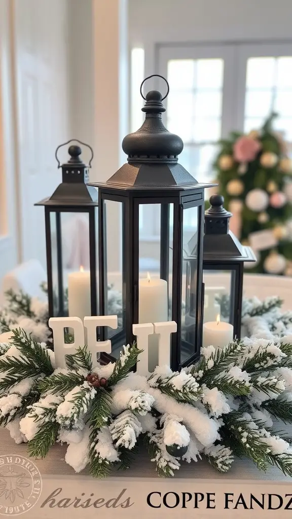 Elegant black lanterns surrounded by frosted greenery and candles for a winter wedding centerpiece.