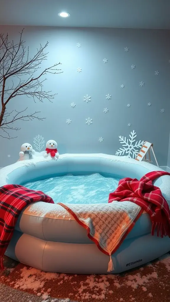 An inflatable pool set up with a winter theme, featuring snowmen decorations, snowflakes on the wall, and cozy blankets.
